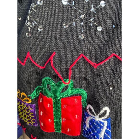 Vintage Holiday Sweater Black Embroidered Embellished Sequin Christmas Vest - Picture 9 of 14